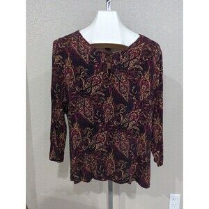 Chaps Womens XL Blue Red  Tan Paisley Stretch Keyhole 3/4 Sleeve Shirt Top